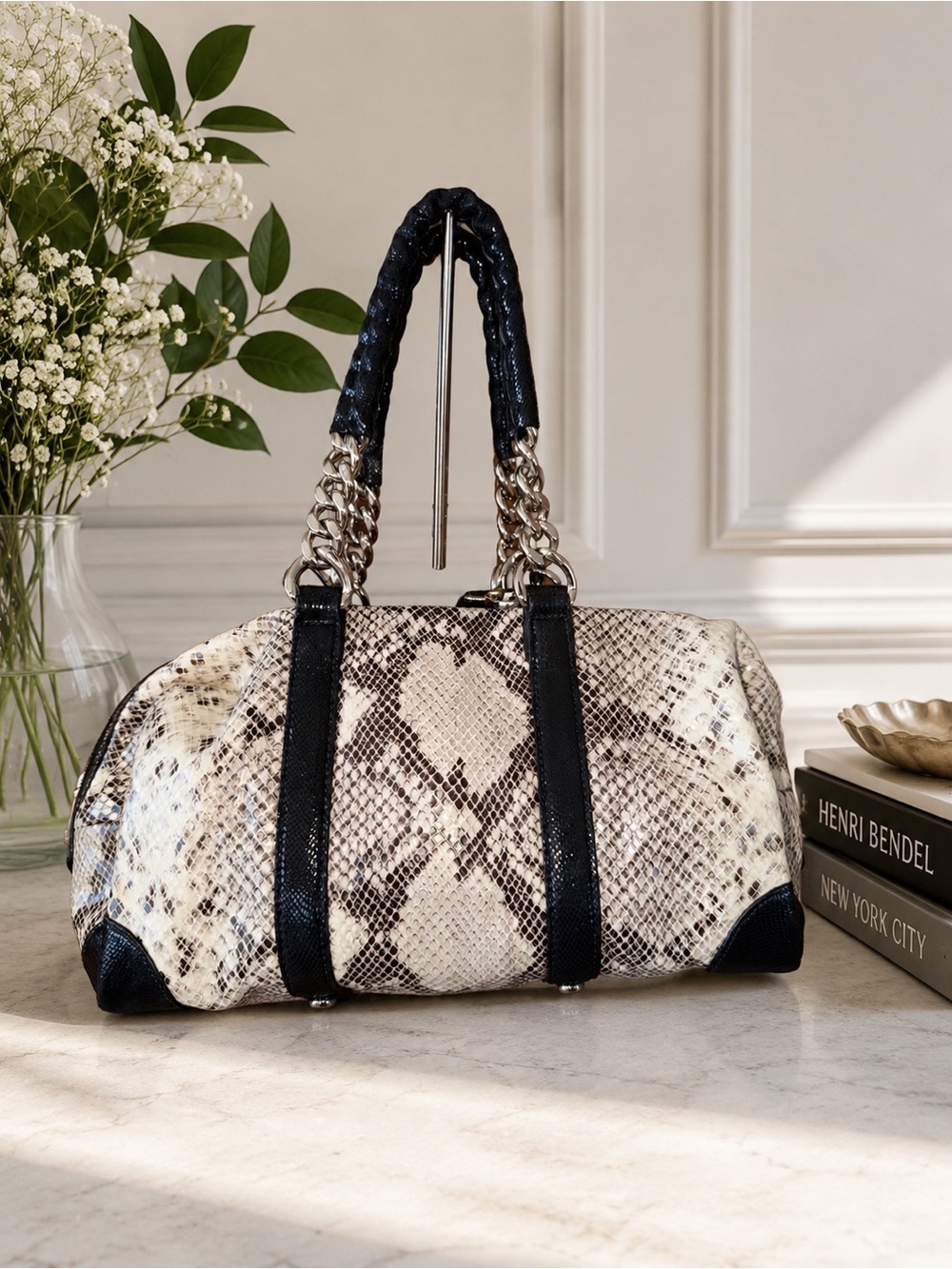 Henri Bendel A-List Metal Snake Python-Embossed Leather Satchel + Mirror